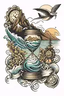 wind, band tattoo, travel, hour glass with waves and mountain along with time tattoo design idea