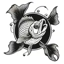 An intricate blackwork tattoo of a bass fish jumping out of the water with a fly fishing lure in its mouth tattoo design idea