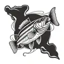 An intricate blackwork tattoo of a bass fish jumping out of the water with a fly fishing lure in its mouth tattoo design idea