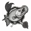 An intricate blackwork tattoo of a bass fish jumping out of the water with a fly fishing lure in its mouth tattoo design idea