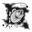An intricate blackwork tattoo of a bass fish jumping out of the water with a fly fishing lure in its mouth tattoo design idea