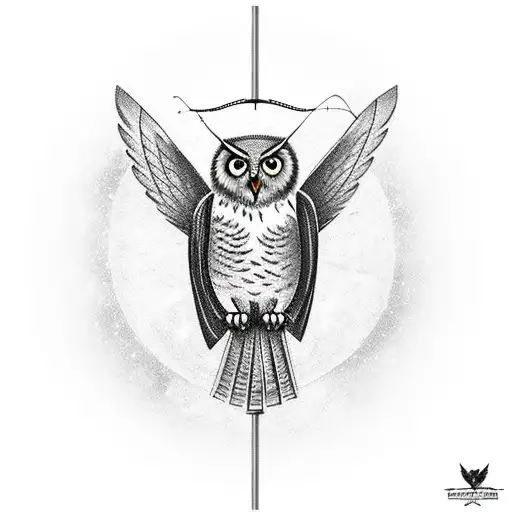 A majestic owl soaring through the night sky with a fishing rod in its talons tattoo design idea