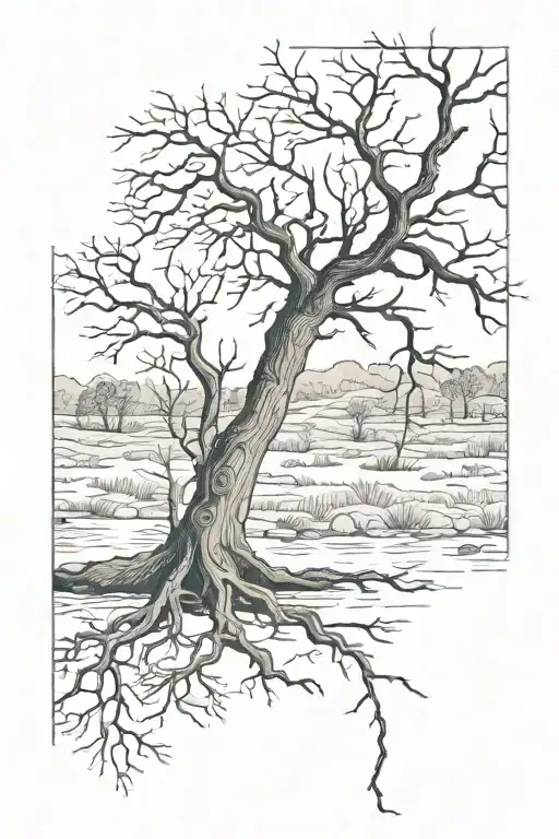 small dead tree with roots extending tattoo design idea