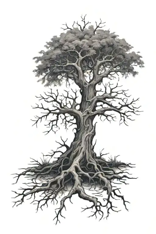 small dead tree with roots extending tattoo design idea