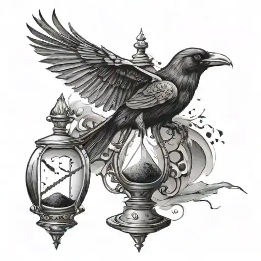 hourglass with broken bottom and a raven perched tattoo design idea