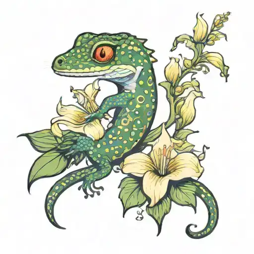 a gecko walking on a calla lily wrapped in a mimosa. tattoo design idea