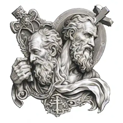 A man in the arms of Saint Andrew and God above him tattoo design idea