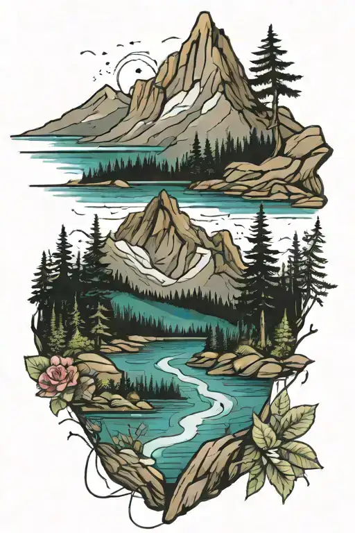 Mountains Lakes Nature tattoo design idea