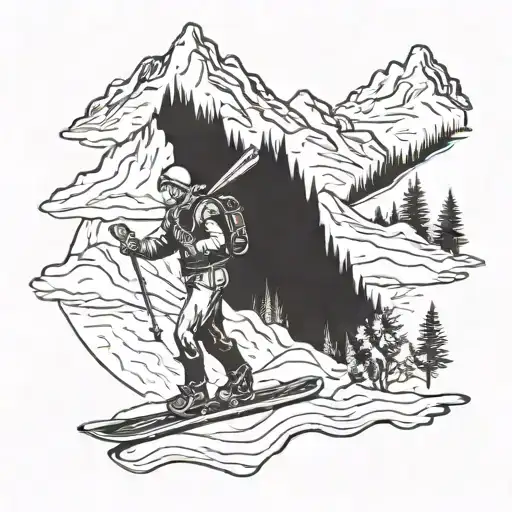 brother sister with mountain and skis  tattoo design idea