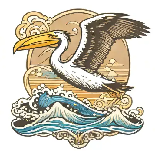 pelican flying over the surf tattoo design idea