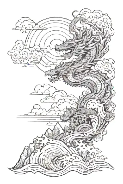 Mountain with ocean wave and sun and dragon flying tattoo design idea