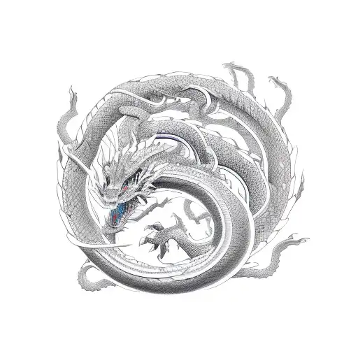 A sleek robotic dragon coiled around a traditional Japanese cherry blossom tree tattoo design idea
