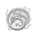 A sleek robotic dragon coiled around a traditional Japanese cherry blossom tree tattoo design idea