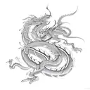 A sleek robotic dragon coiled around a traditional Japanese cherry blossom tree tattoo design idea