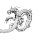 A sleek robotic dragon coiled around a traditional Japanese cherry blossom tree tattoo design idea