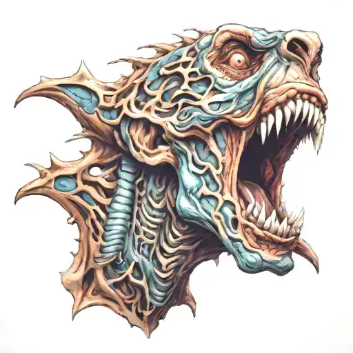 a humanoid creature with uncanny facial features screaming tattoo design idea