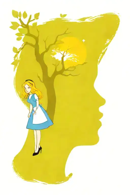 create a colorful tattoo design using a 2010 alice in wonderland theme with alice standing in front of a tree with her h tattoo design idea