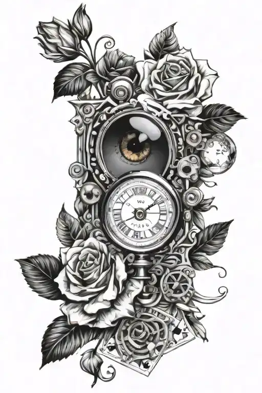 Bouquet of flowers around the wrist, an eye, deck of cards, tiny magnifying glass tattoo design idea