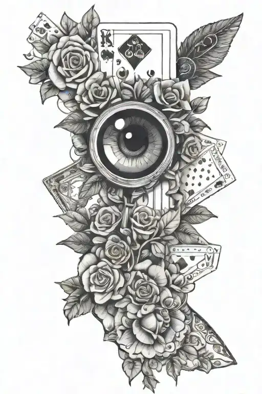 Bouquet of flowers around the wrist, an eye, deck of cards, tiny magnifying glass tattoo design idea