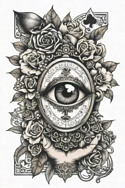 Bouquet of flowers around the wrist, an eye, deck of cards, tiny magnifying glass tattoo design idea