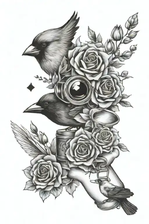 Bouquet of flowers around the wrist, an eye, deck of cards, a cardinal bird, tiny magnifying glass tattoo design idea