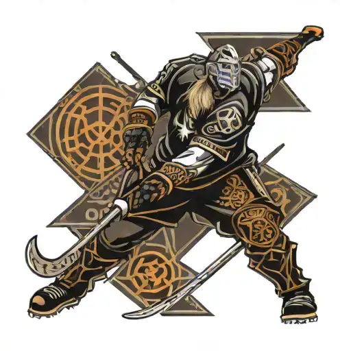 A hockey player wielding a golf club like a warrior's weapon, surrounded by Norse runes and symbols of the four elements tattoo design idea