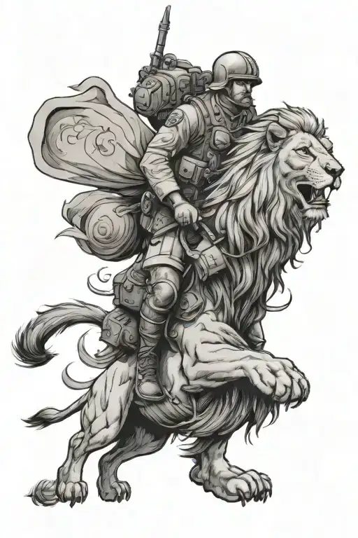 A soldier of the air force riding on the back of a lion, symbolizing courage and leadership tattoo design idea