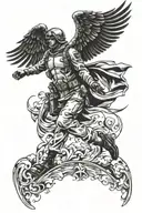 A soldier of the air force in a dynamic and heroic pose, with wings spread wide tattoo design idea