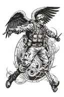 A soldier of the air force in a dynamic and heroic pose, with wings spread wide tattoo design idea