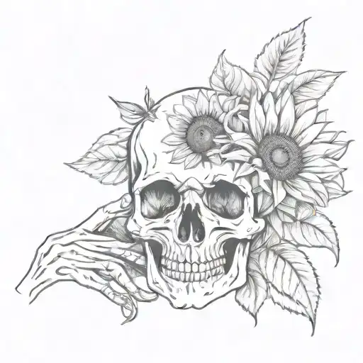 skull hand holding sunflower  tattoo design idea