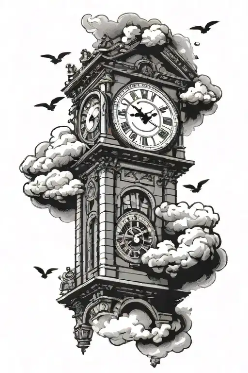 clock tower surrounded by clouds floating with roman numerals and coordinates next to it tattoo design idea