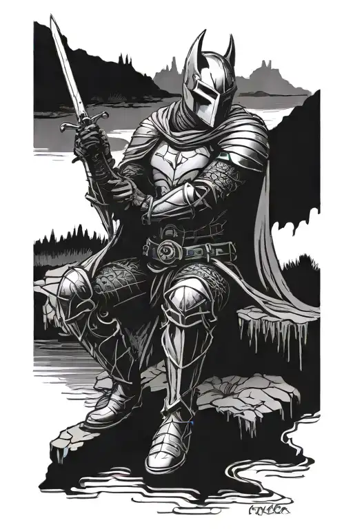 dark fantasy knight sitting by the river tattoo design idea