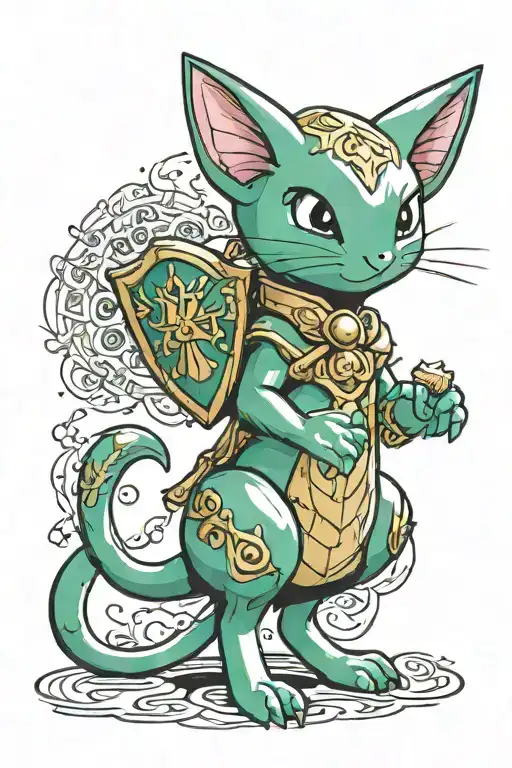 shiny mew pokemon, wearing link's tunic from legend of zelda,  tattoo design idea