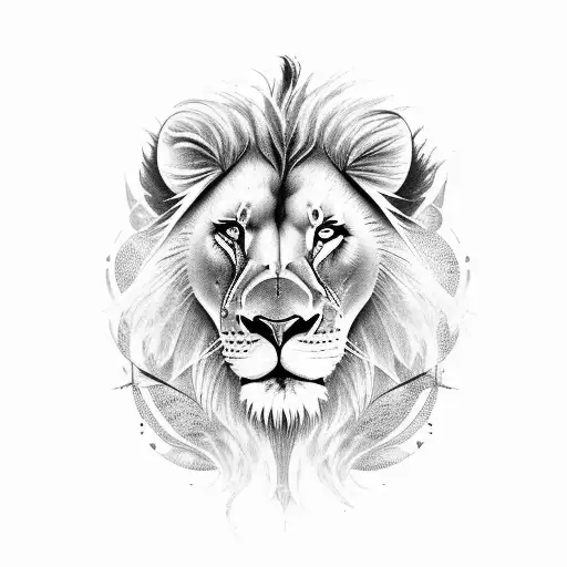 Create a tattoo featuring a lion and a fish in a dominant pose tattoo design idea
