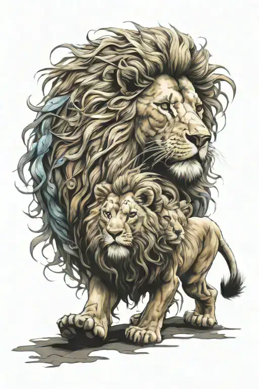 lion child dad walking tattoo design idea