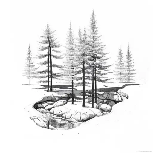 Cedar trees with a creek and rocks tattoo design idea