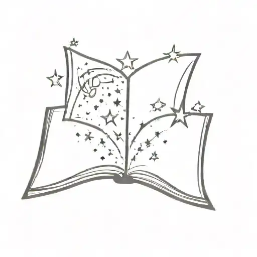 create a simple thin outline of a book open, with stars and the universe coming out of it, but keep it simple tattoo design idea