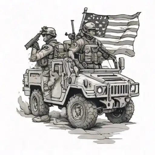 Create a realistic portrait of a Marine standing proudly next to a Humvee, with the American flag waving in the background tattoo design idea