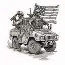 Create a realistic portrait of a Marine standing proudly next to a Humvee, with the American flag waving in the background tattoo design idea