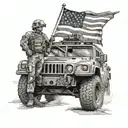 Create a realistic portrait of a Marine standing proudly next to a Humvee, with the American flag waving in the background tattoo design idea