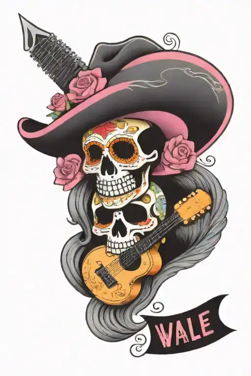 Mexican mariachi skull with hat, mustache, guitar and writing "vale mas un buen amor que mil costales de oro" tattoo design idea