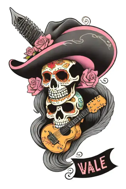 Mexican mariachi skull with hat, mustache, pink guitar and writing "vale mas un buen amor que mil costales de oro" tattoo design idea