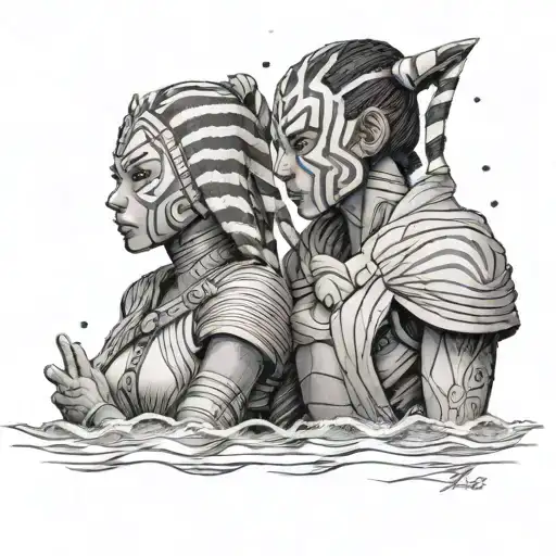 An emotional scene of Ahsoka and Anakinin facing off with the sea in a dotwork style tattoo tattoo design idea