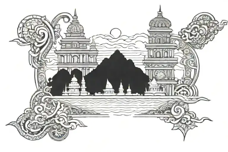 varnasi temple and river ganga shore adorned tattoo design idea