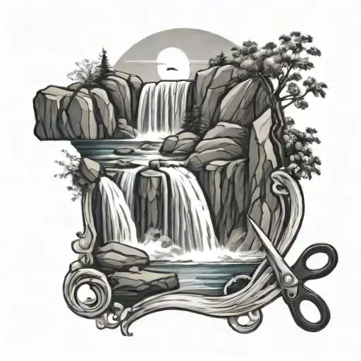 A black-grey tattoo of a majestic waterfall cascading down a rocky cliff, with a barber's scissors hidden within the flowing water to represent your occupation tattoo design idea