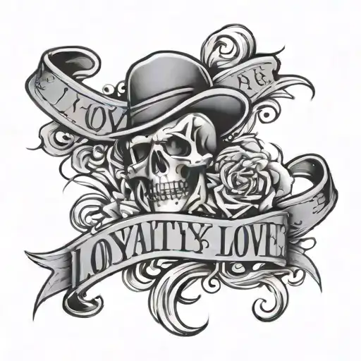 "loyalty over love" written in script surrounded gangster pretty clean tattoo design idea