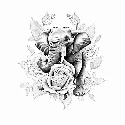 elephant with roses and thorns tattoo design idea