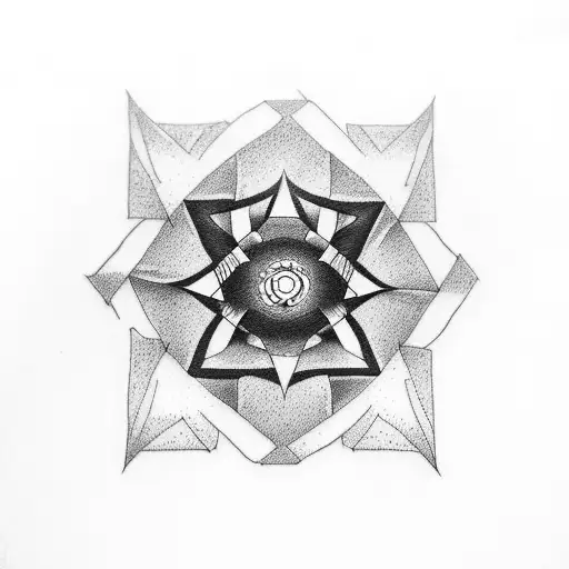 Design a dotwork tattoo combining harsh geometric shapes with Naruto symbols tattoo design idea