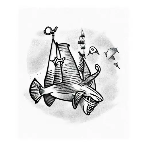 Scuba diver, flag and shark tattoo design idea