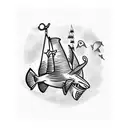 Scuba diver, flag and shark tattoo design idea